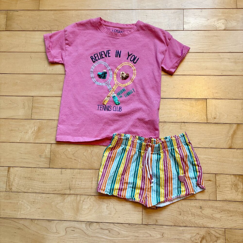 Losan - Pink Inspirational T-Shirt and Striped Shorts Set, size 8